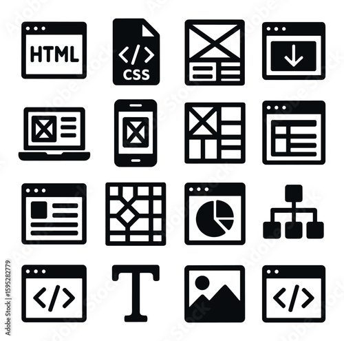 Web design essentials icon collection. simple silhouette html, css, layout, chart, mobile, sitemap vector icons.