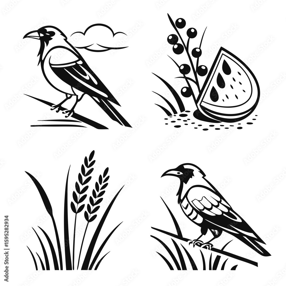 Fototapeta premium Bird and Fruit Icons crow magpie