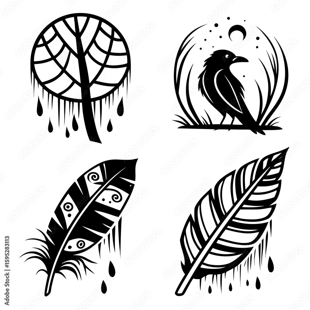 Obraz premium Black raven moon grass dreamcatcher feather icons crescent stars