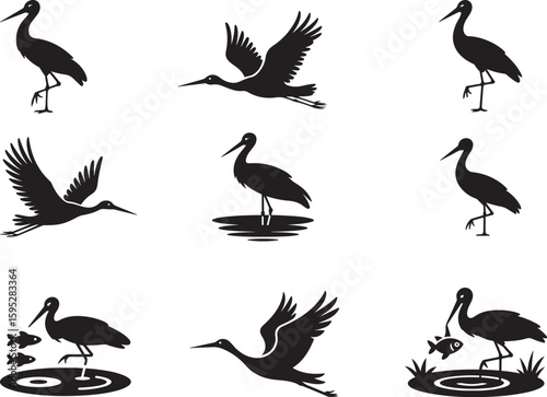 set of stork silhouette vector icon, stork with a fish in mouth, stork silhouette vector icon, vector illustration of stork icon, symbol of standing stork, white stork isolated on white background.