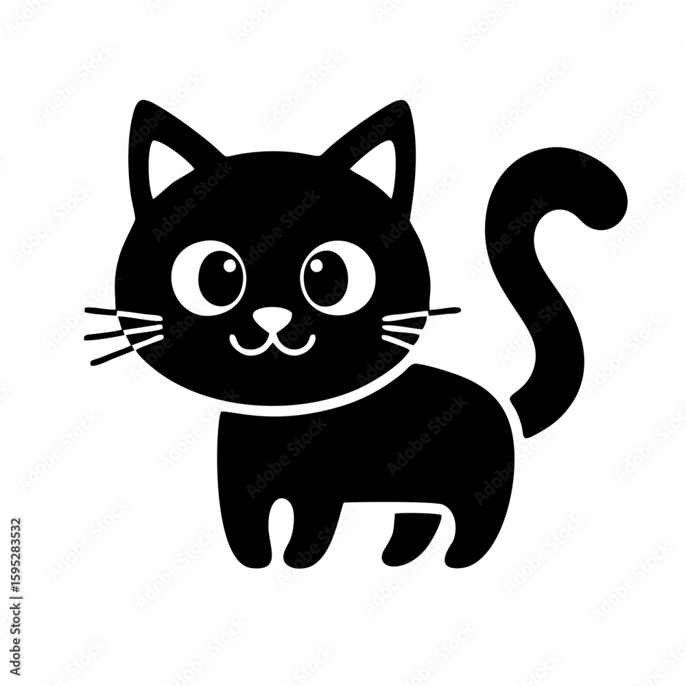 Obraz premium Playful Silhouette of a Curious Cat: A charming cartoon cat in black silhouette poses with an inquisitive gaze, epitomizing the endearing nature of domestic companions.