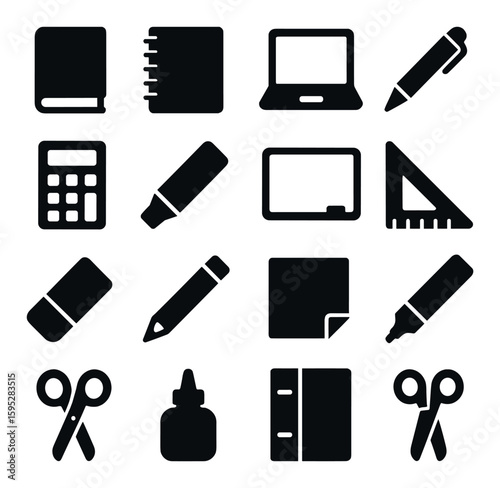 Educational tools icon collection. school supplies simple icons. book, notebook, pen, laptop, calculator, ruler, glue silhouette vector icons.