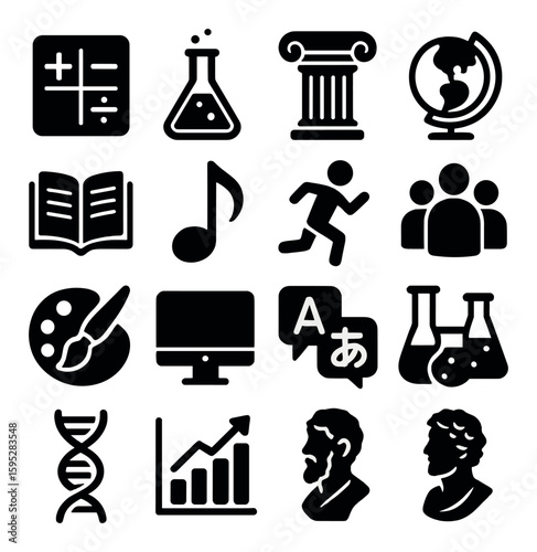 School subject icon collection: simple silhouette math, science, art, music, history vector icons