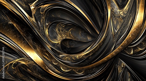 Abstract contemporary design with flowing black and gold hues creates a dynamic art piece