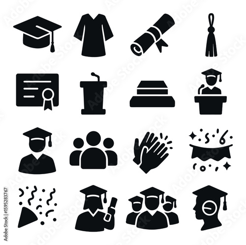 Graduation ceremony icon collection. simple silhouette icons: cap, gown, diploma, podium, confetti vector icons.
