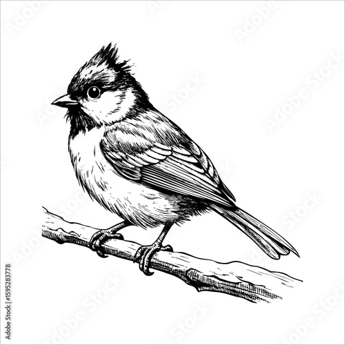 A detailed illustration of a small bird perched on a branch. The bird has a distinctive crest, short beak, and intricate feather patterns.