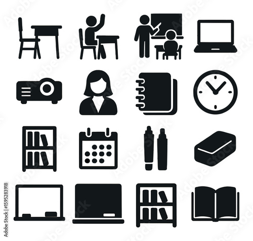 Classroom icon collection: simple silhouette school education, desk, student, teacher, board vector icons