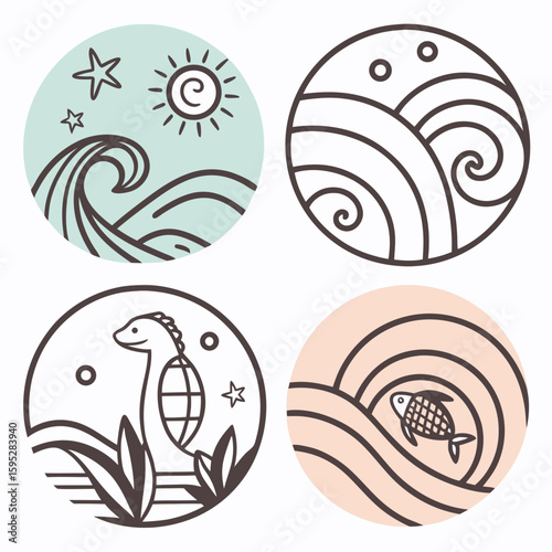 Collection of stylized circular icons featuring nature elements waves