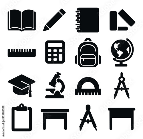 Educational icon collection: simple silhouette school tools. book, pencil, backpack, globe, calculator, protractor, desk, vector icons.