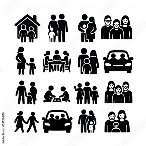 Family icon collection. simple silhouette family, parents, children, home, car, dining vector icons