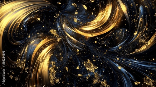 Black and gold contemporary abstract design with geometric lines and golden dust effect