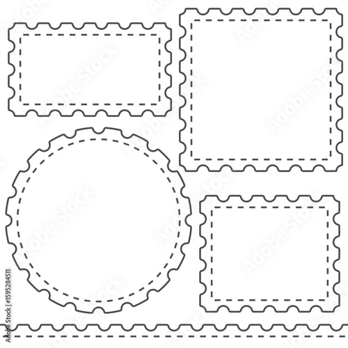 Set of black and white illustrations with postage stamp. Isolated vector objects on white background.
