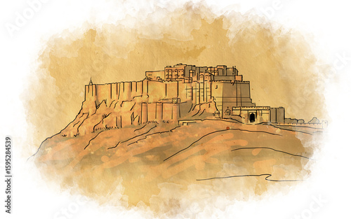 Mehrangarh fort, Rajasthan, India. Artistic sketch. Fort postcard, poster, book illustration