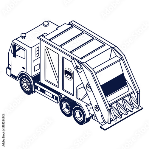 Dark blue garbage truck isometric illustration refuse vehicle waste management