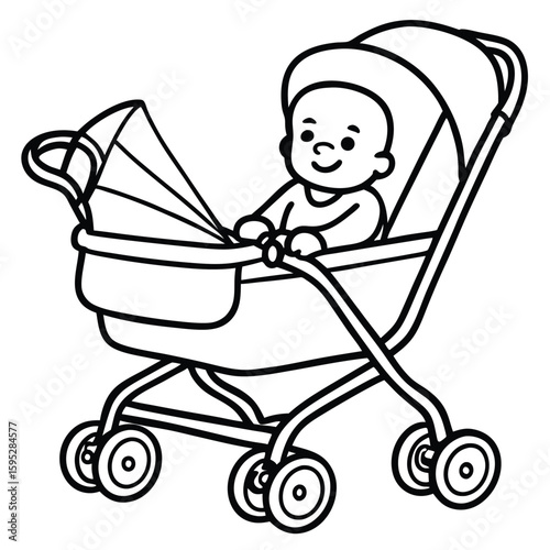 Baby in stroller in one line drawing icon  on white background