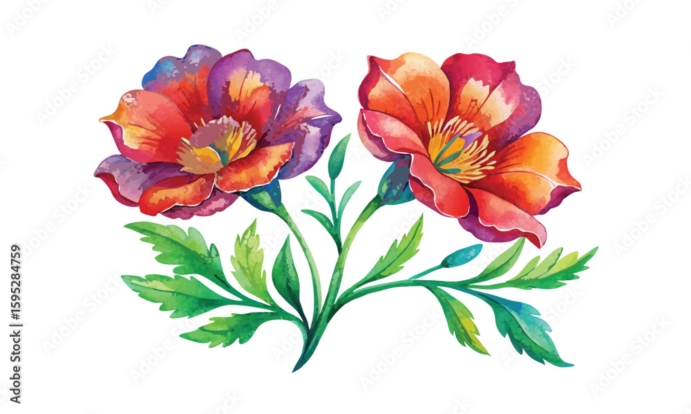 Obraz premium two Lechenaultia flower watercolor illustration on white isolated background