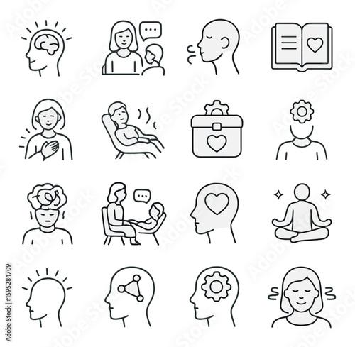 Therapy and relaxation icon collection. simple line icons: meditation, brain, mind, calm, therapy vector icons