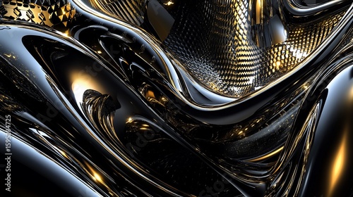 Contemporary Abstract Design Featuring Flowing Black and Gold Textures and Patterns