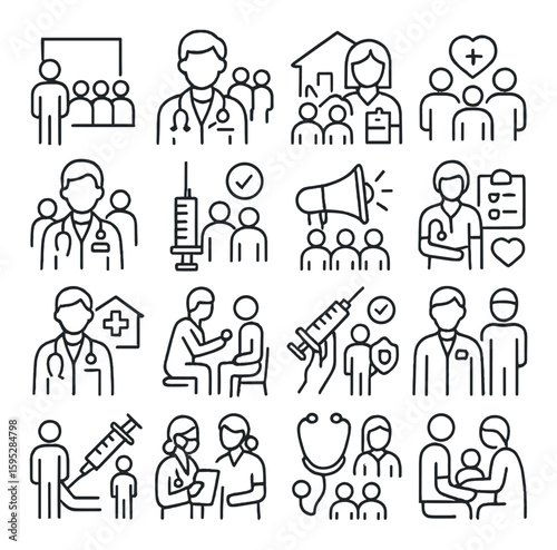 Community wellness icon collection: healthcare, medical, support linear symbols, doctor, vaccine, stethoscope vector icons