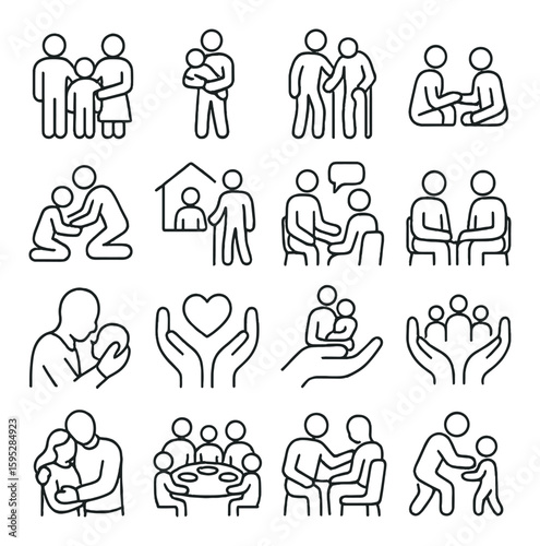 Family care icon collection: simple line style. parenting, elderly, support, love, community vector icons