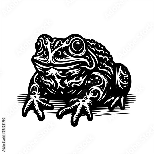 An ornate frog sits looking forward