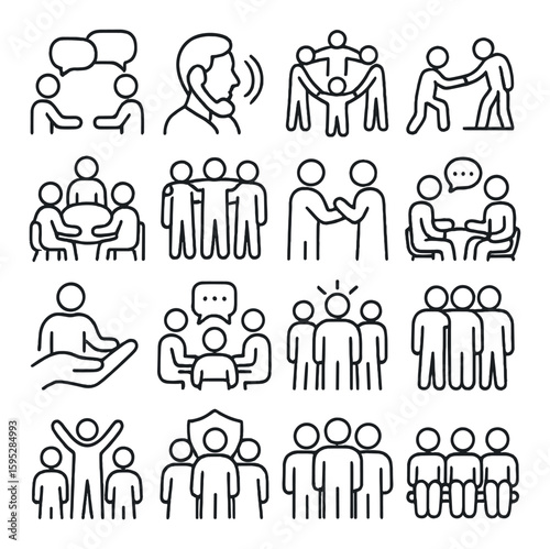 Support icon collection: communication and teamwork linear symbols. chat, group, handshake vector icons.