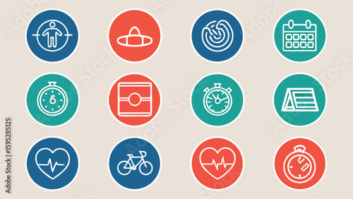 Collection of circular icons representing health fitness and sports activities