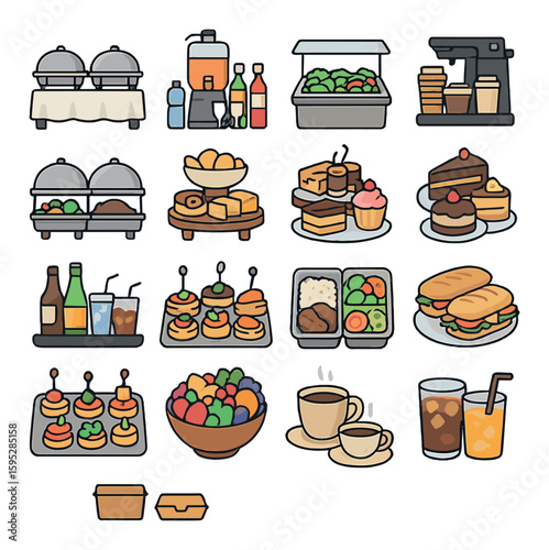 Buffet icon collection. restaurant food display flat icons: salads, desserts, beverages, coffee, sandwiches vector icons.