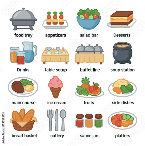 Buffet icon collection: simple buffet line, food tray, desserts, salad bar, cutlery vector icons