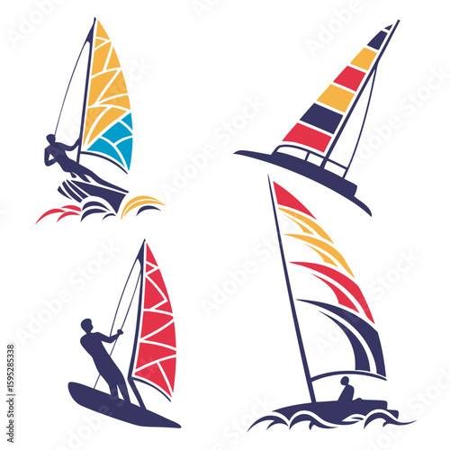 Colorful windsurfers riding ocean waves windsurfing
