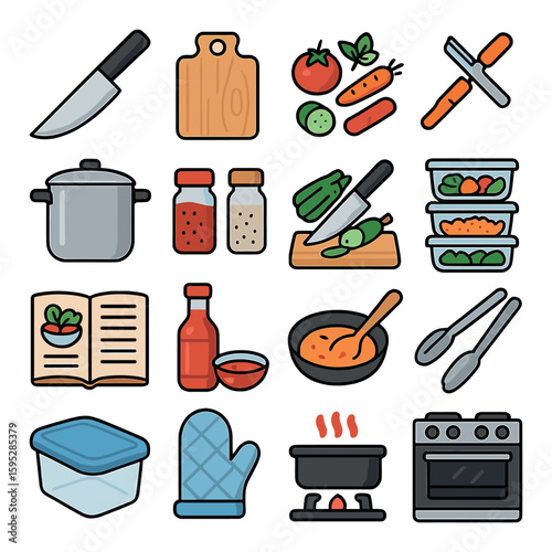 Culinary tools icon collection. kitchenware, utensil, flat style: knife, pot, oven, cutting board vector icons.