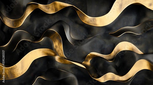 Black and gold abstract flowing design with dynamic shapes and elegant textures