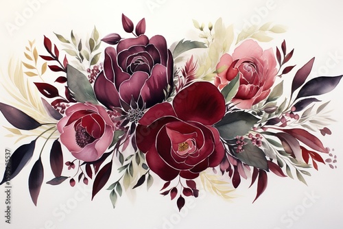 Experience the timeless beauty of lush burgundy florals paired with dark foliage in a classic watercolor painting.
