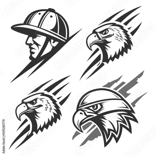 Eagle heads and jockey profile emblems hawk bird