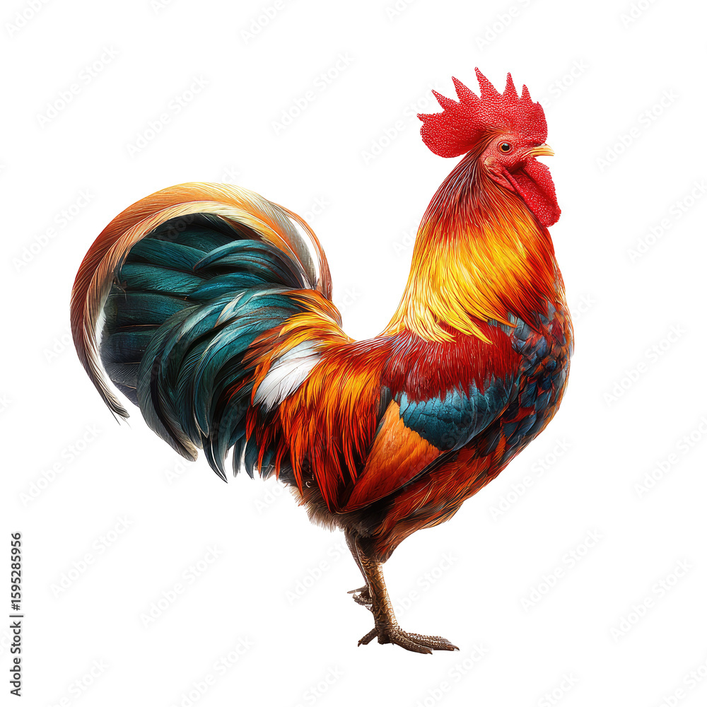 Fototapeta premium Vibrant rooster portrait, colorful plumage, bold red crest