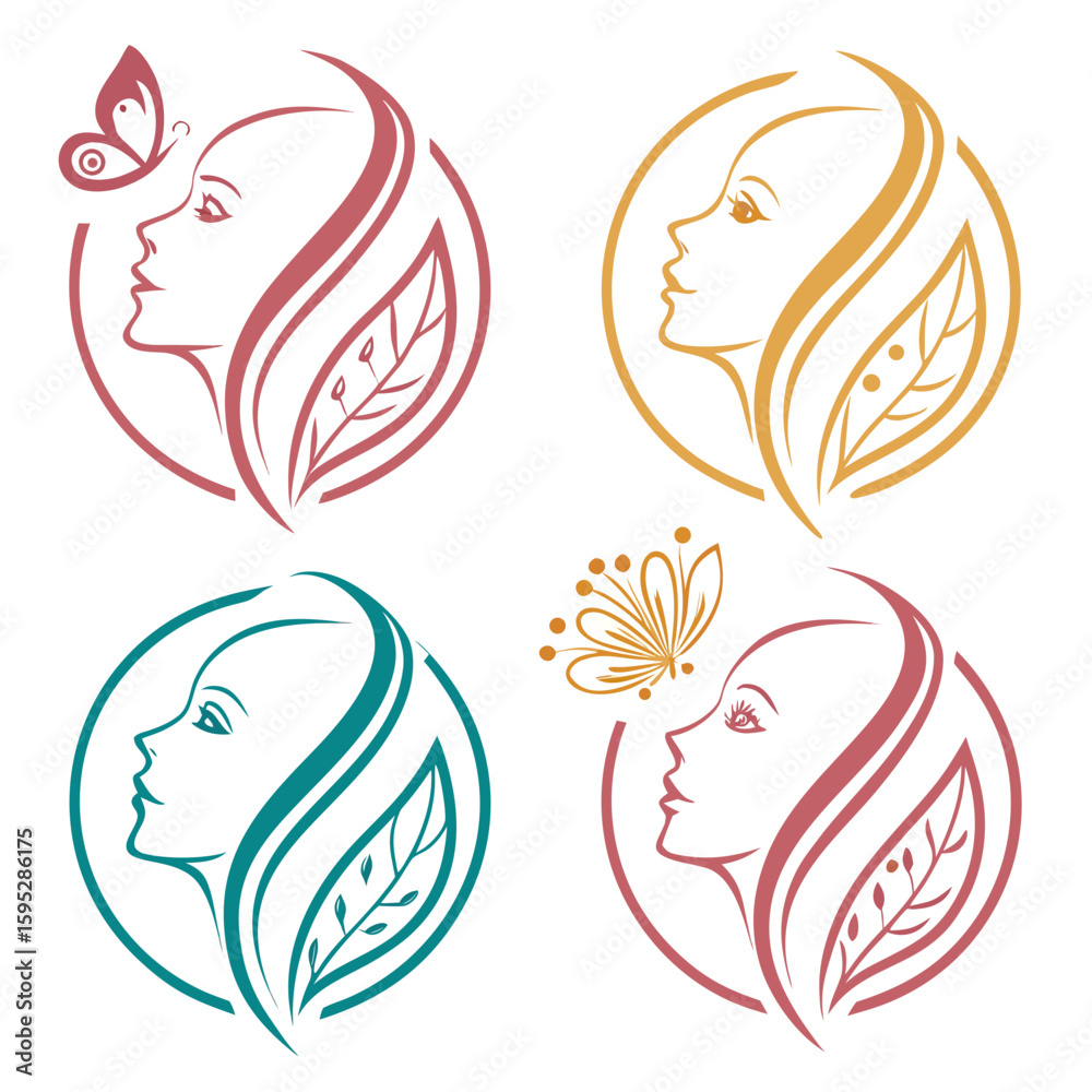 Fototapeta premium Elegant female profiles with floral elements and butterflies woman face