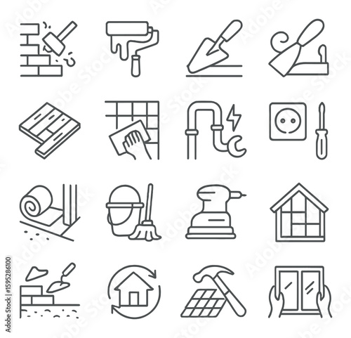 Renovation icon collection. home improvement simple line icons. tools, paint, hammer, construction vector icons.