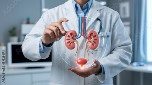 Doctor displays a 3d model of human kidneys and bladder