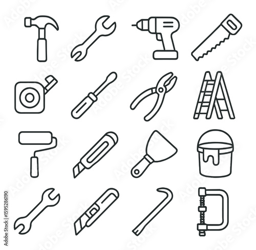 Renovation tool icon collection: simple linear tools - hammer, wrench, drill, paintbrush vector icons
