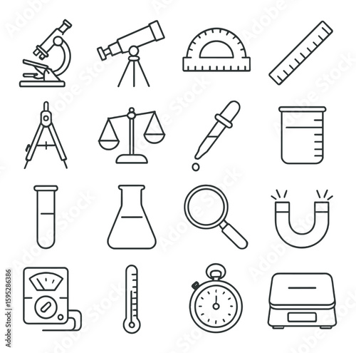 Science tool icon collection. laboratory instruments linear style. microscope, telescope, protractor, ruler, scale, pipette vector icons.