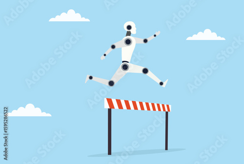 Vector illustration of a robot jumping over an obstacle, representing the advancement of AI and robotics in overcoming barriers and adapting to complex challenges

