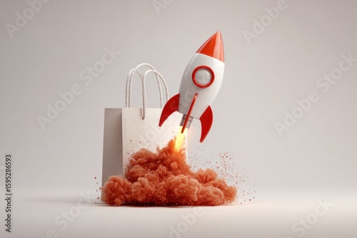 White shopping bag with red rocket launching from a cloud of orange smoke