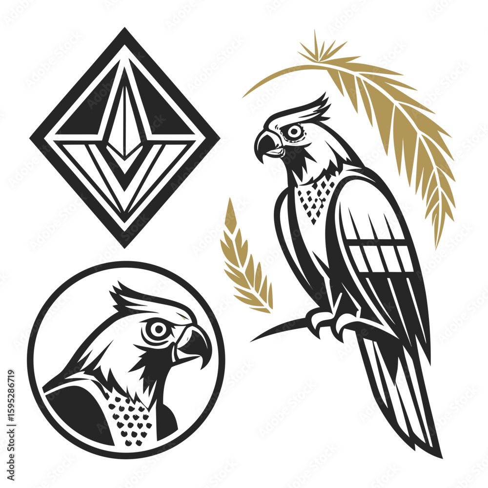 Obraz premium Eagle parrot geometric emblems with foliage logo