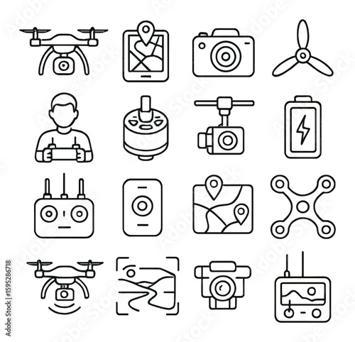 Drone technology icon collection. simple linear drone, camera, map, battery, propeller, controller vector icons.