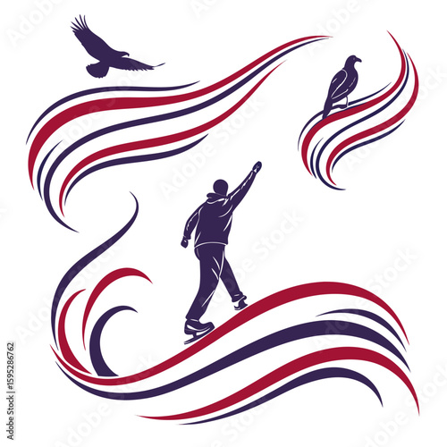 Figure skater with eagles and red blue swooshes bird flying