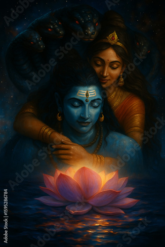 Shiva and Parvati – Eternal Bond with Glowing Lotus