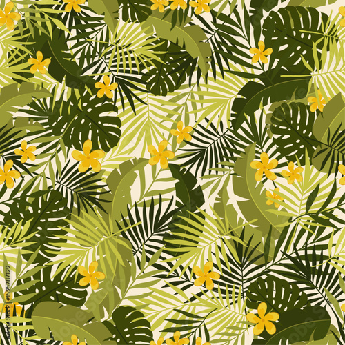 Hand drawn vector seamless pattern with tropical leaves. Colorful summer background in flat style. Wallpaper with green plants and flowers
