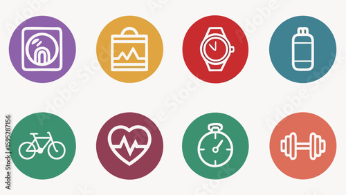 Collection of health and fitness icons in colorful circles
