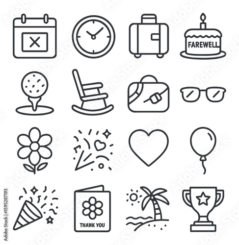 Retirement celebration icon collection: farewell, party, travel, gift, cake, linear vector icons