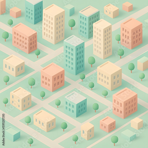 Cityscape Illustration: An imaginative illustration of a cityscape featuring various buildings, roads and trees, with soft colors evoking a sense of order and a modern, minimalist style.